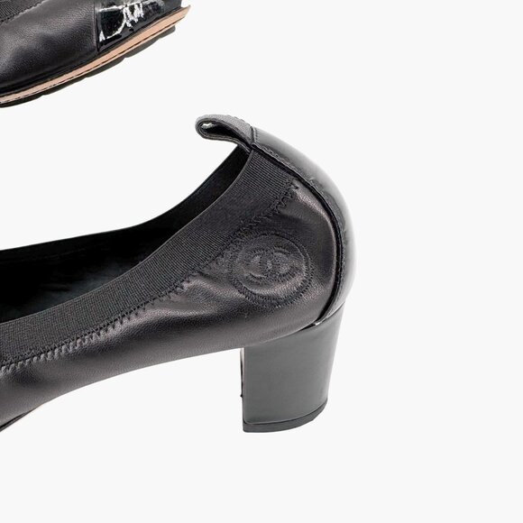 Chanel Elastic Cap Toe Pump Size 40 US 9-9.5 Black Leather CC Stretch Block Heel - Picture 9 of 15